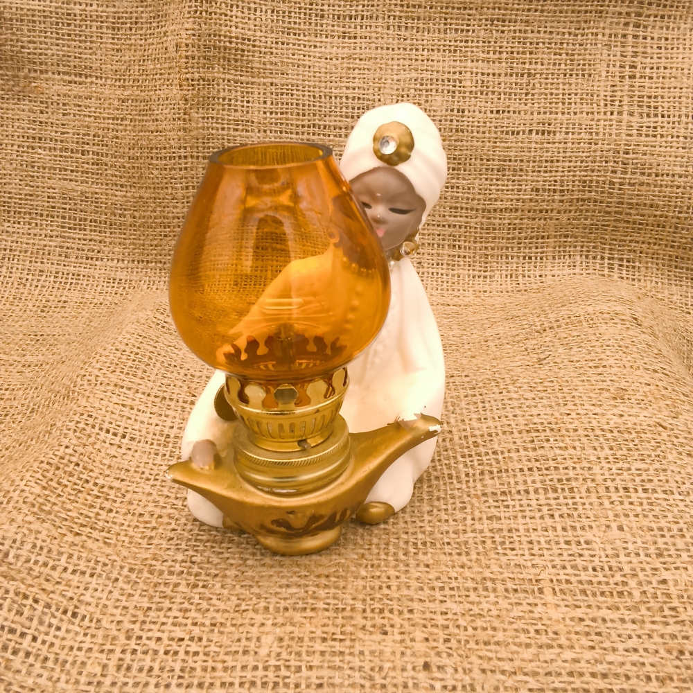 Vintage Mini Genie Lamp with Amber Glass Shade